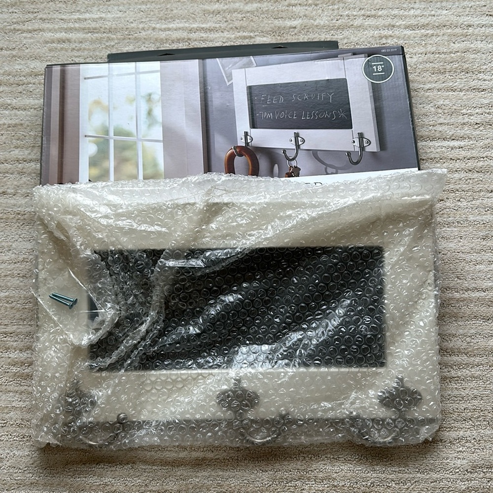 Target Threshold white chalkboard message center and satin nickel hook rail 18”